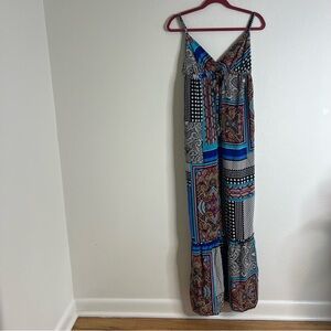 Vintage Single Silk Maxi Dress Blue Paisley Patchwork Sleeveless Size Small